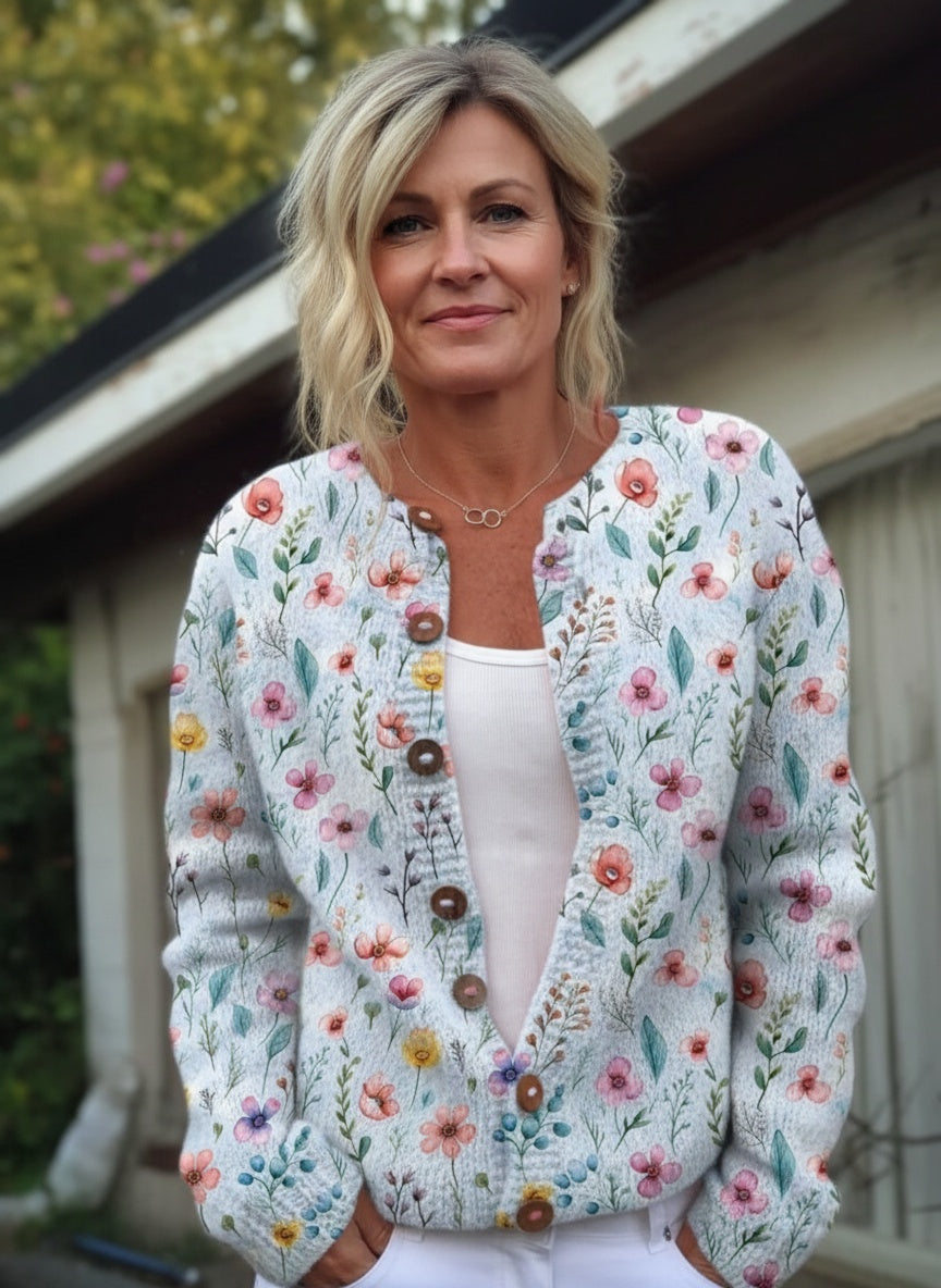 Dahlia - Vintage Flower Art Print Buttoned Cardigan Sweater-15530556391797-Nancy & Mae Savannah