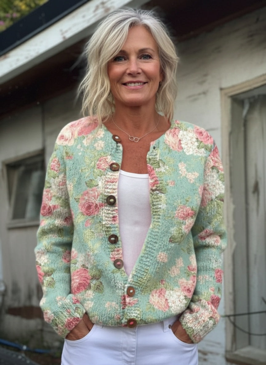 Eulene - Fresh Retro Flowers Print Buttoned Cardigan Sweater-15530555703669-Nancy & Mae Savannah