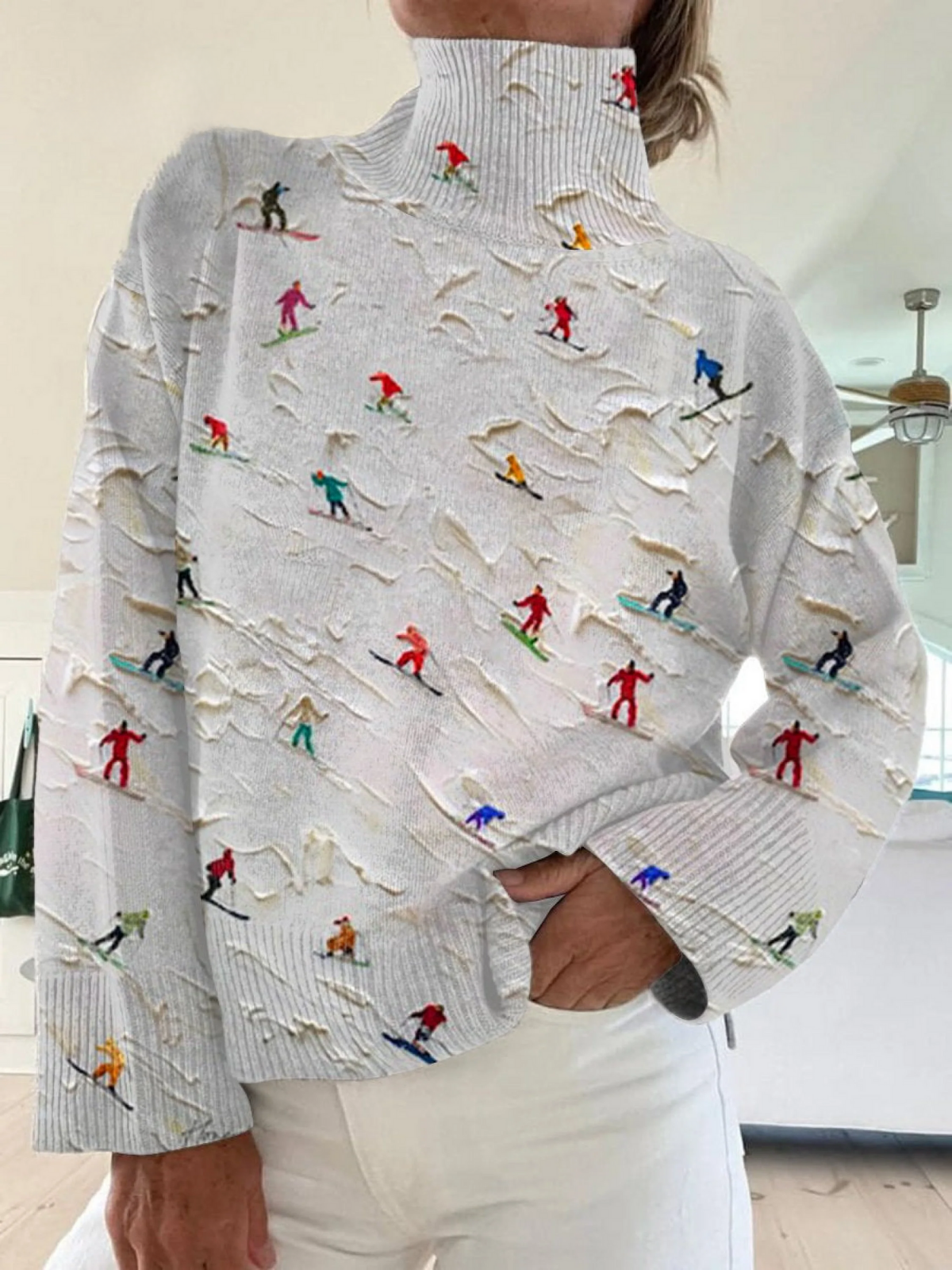 Jamela - Retro Apres Ski Art Print Knit Turtleneck Pullover Sweater-15553140162933-Nancy & Mae Savannah