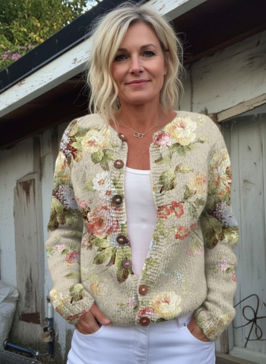 Loraine - Retro Fresh Flowers Print Buttoned Cardigan Sweater-15530555801973-Nancy & Mae Savannah