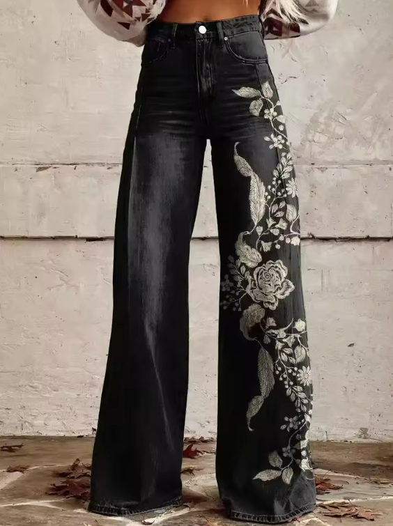 Marla - Noir Bloom Wide-Leg Embroidered Pants-15531074027893-Nancy & Mae Savannah