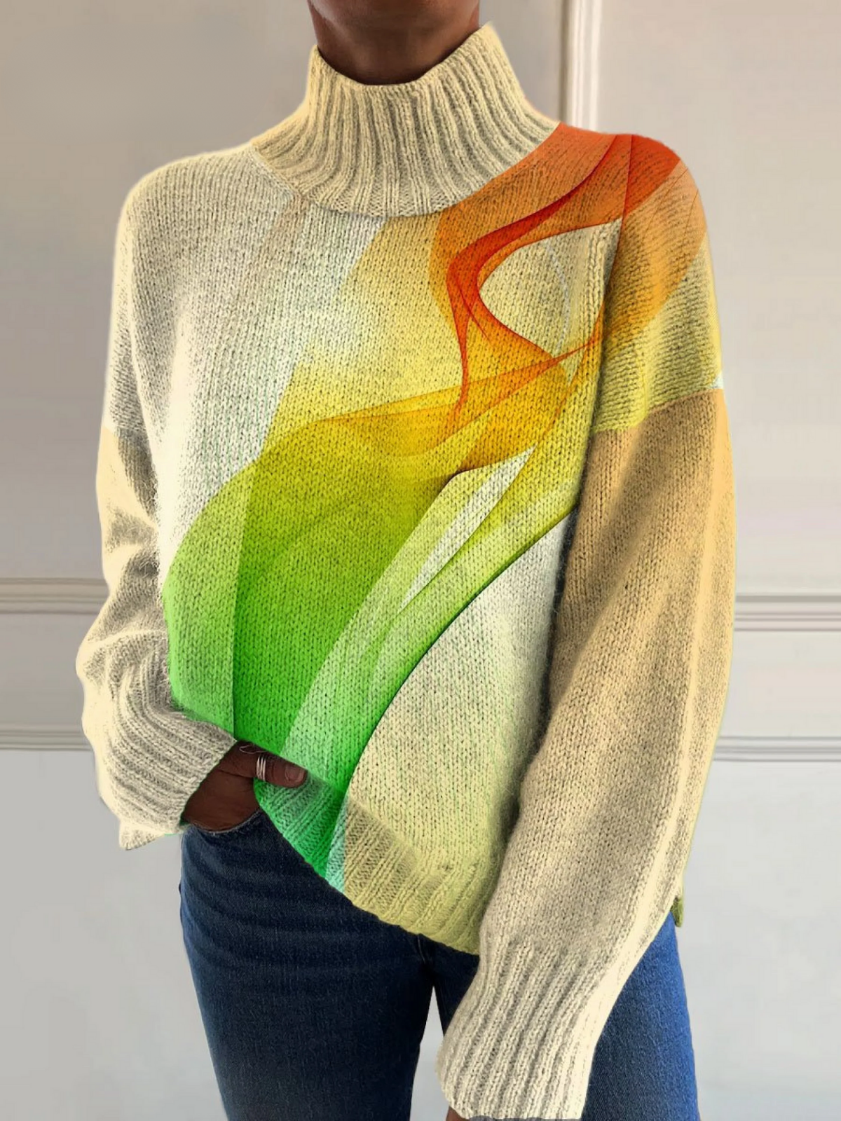 Melissa - Colorful Line Art Print Knit Turtleneck Pullover Sweater-15553140031861-Nancy & Mae Savannah