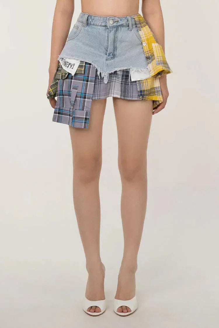 Monica – Plaid panels – Layered denim mini skirt-15133677715829-Nancy & Mae Savannah