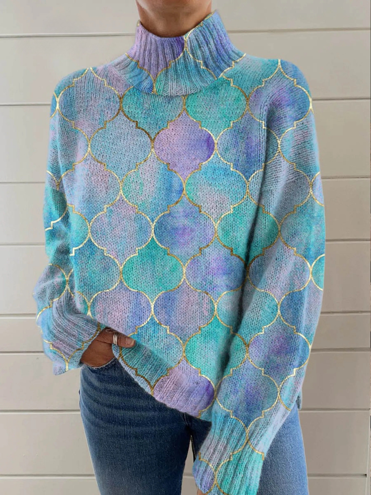 Seren - Abstract Geometric Pattern Art Print Knit Turtleneck Pullover Sweater-15553140752757-Nancy & Mae Savannah