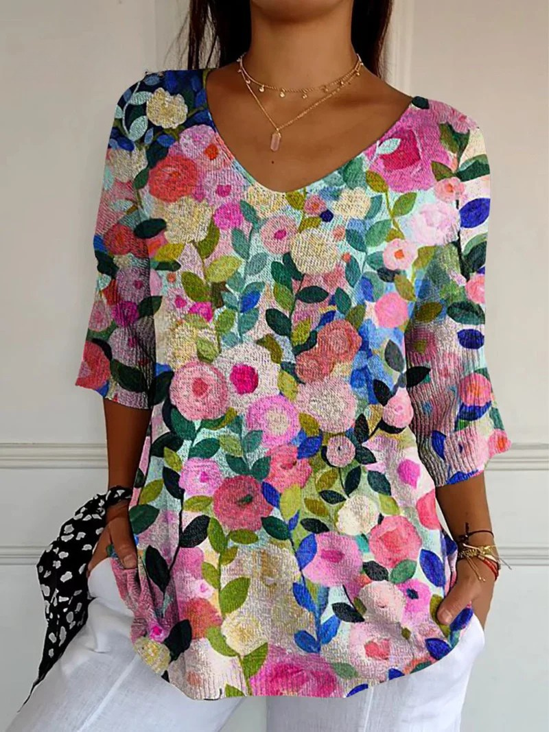 Vivian - Colorful Spring Floral Garden Printed Women's Casual Pullover Knit-15544857100661-Nancy & Mae Savannah