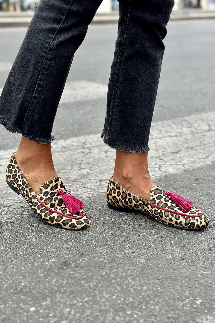 ARIEL - ANIMAL PRINT LOAFER WITH FUCHSIA FRINGES-15553869087093-Nancy & Mae Savannah