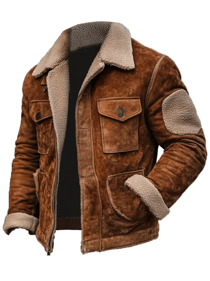 Aaron - Men's Vintage Suede Patchwork Lamb Fleece Multi-Pocket Reverse Collar Outdoor Jacket-15551927517557-Mirella Fiore