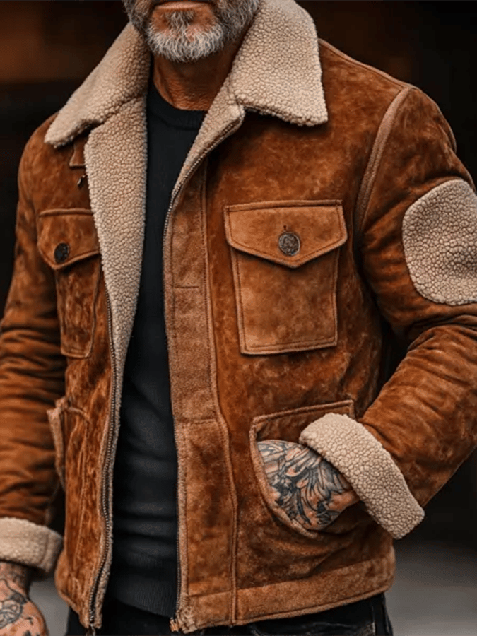 Aaron - Men's Vintage Suede Patchwork Lamb Fleece Multi-Pocket Reverse Collar Outdoor Jacket-15551927517557-Mirella Fiore
