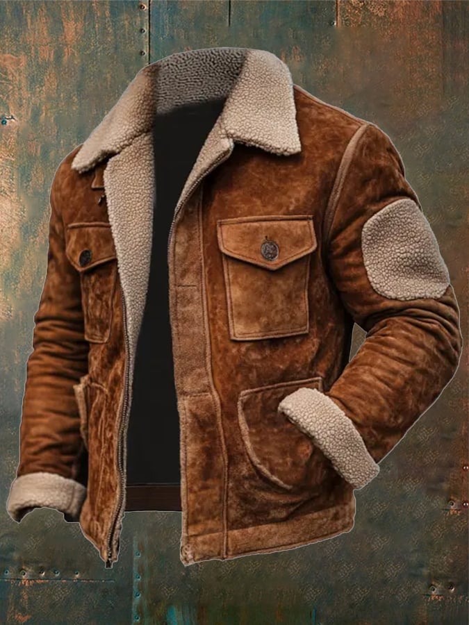 Aaron - Men's Vintage Suede Patchwork Lamb Fleece Multi-Pocket Reverse Collar Outdoor Jacket-15551927517557-Mirella Fiore
