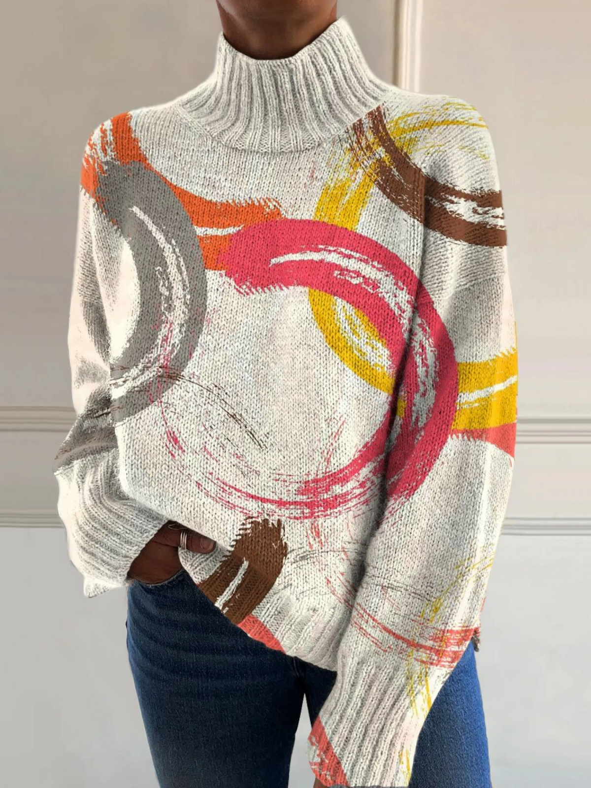 Althea - Vintage Color Block Hand Drawn Circle Art Print Knit Turtleneck Pullover Sweater-15553140523381-Mirella Fiore