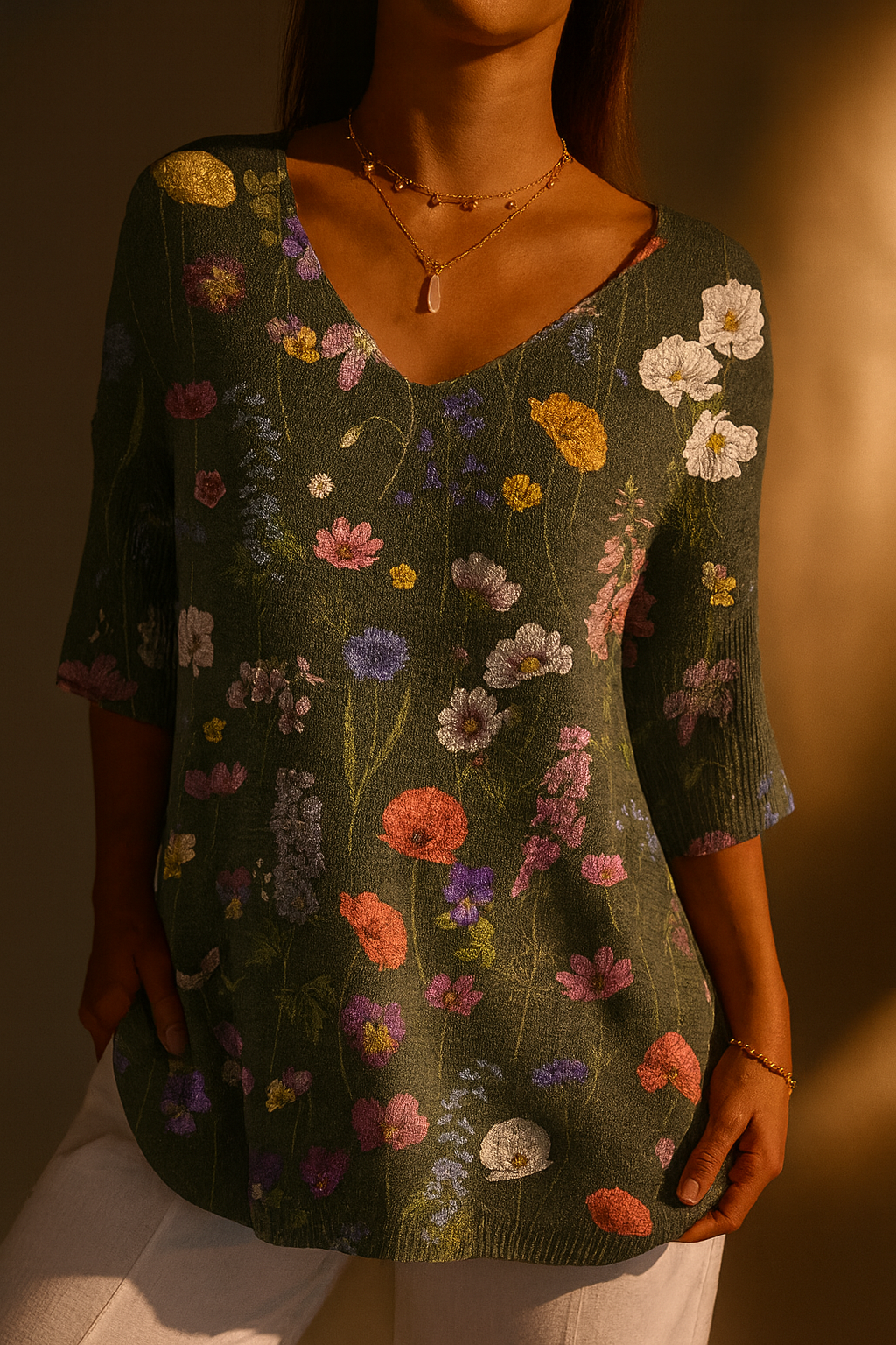 Andrea - Vibrant Spring Botanical Garden Pattern Printed Women's Casual Pullover Knit-15544856936821-Mirella Fiore
