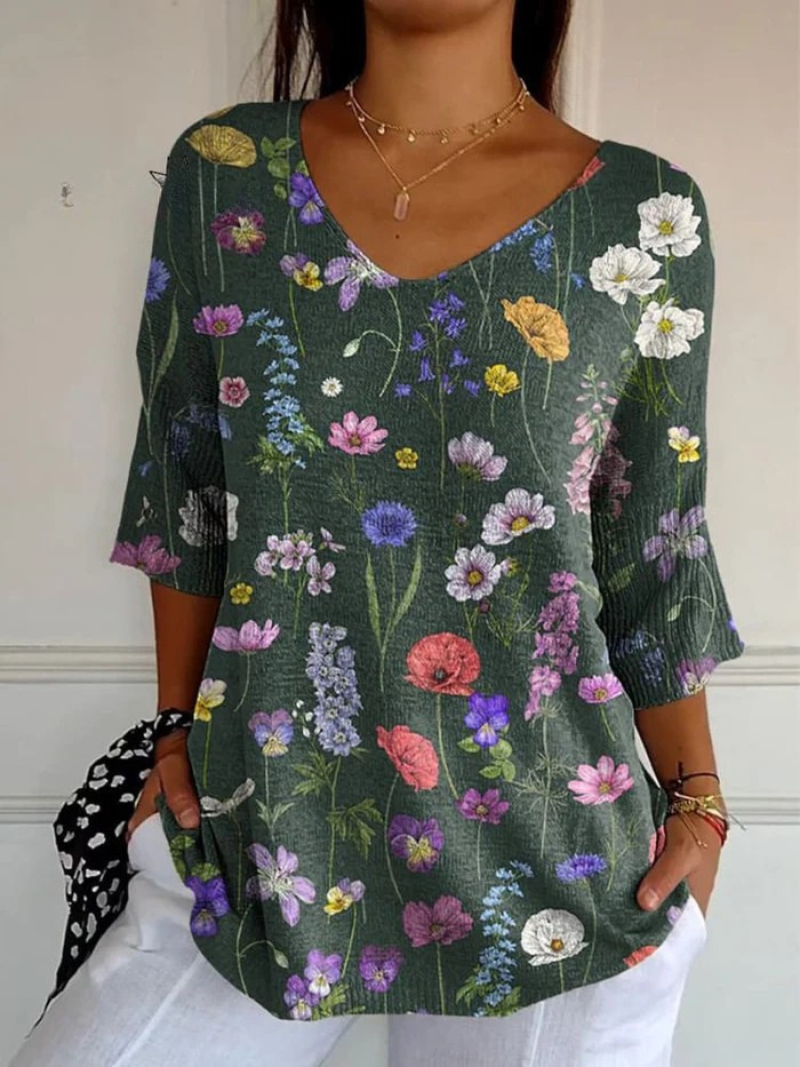 Andrea - Vibrant Spring Botanical Garden Pattern Printed Women's Casual Pullover Knit-15544856936821-Mirella Fiore