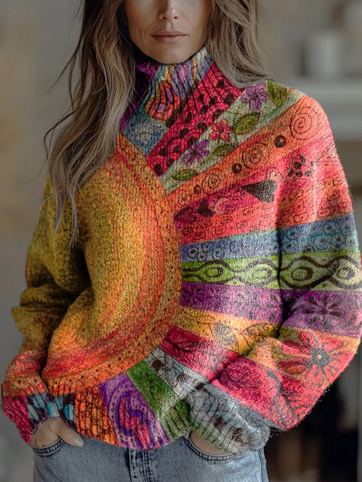 Ariane - Vintage Panelled Sunburst Pattern Print Knit Turtleneck Pullover Sweater-15553139310965-Mirella Fiore