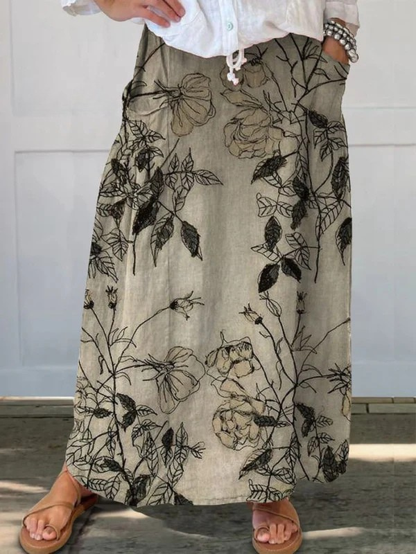 Ava - Women's Retro Floral Art Linen Elastic waistband Pocket Skirt-15563732681077-Nancy & Mae Savannah