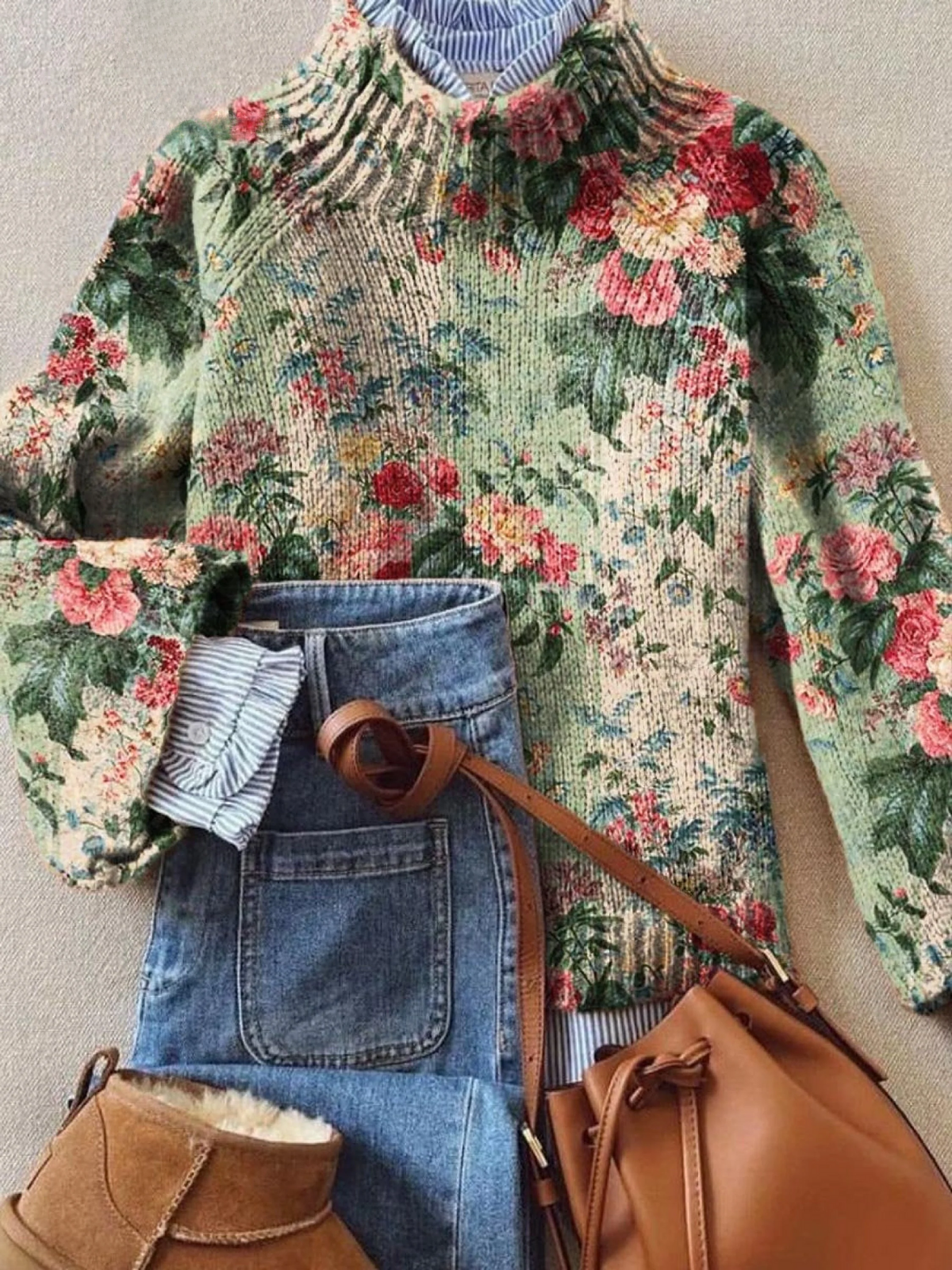 Belinda - Women's Vintage Lovely Floral Art Print Knit Turtleneck Pullover Sweater-15553140654453-Mirella Fiore