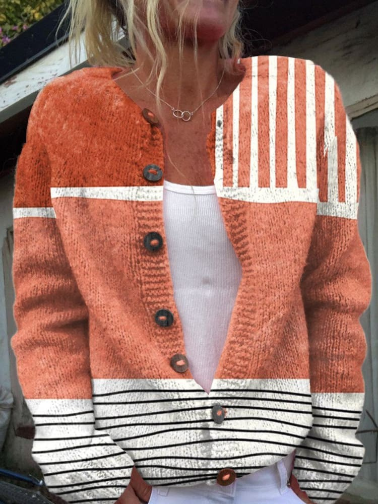 Bianca - Retro Abstract Art Print Casual Buttoned Cardigan Sweater-15530555769205-Mirella Fiore