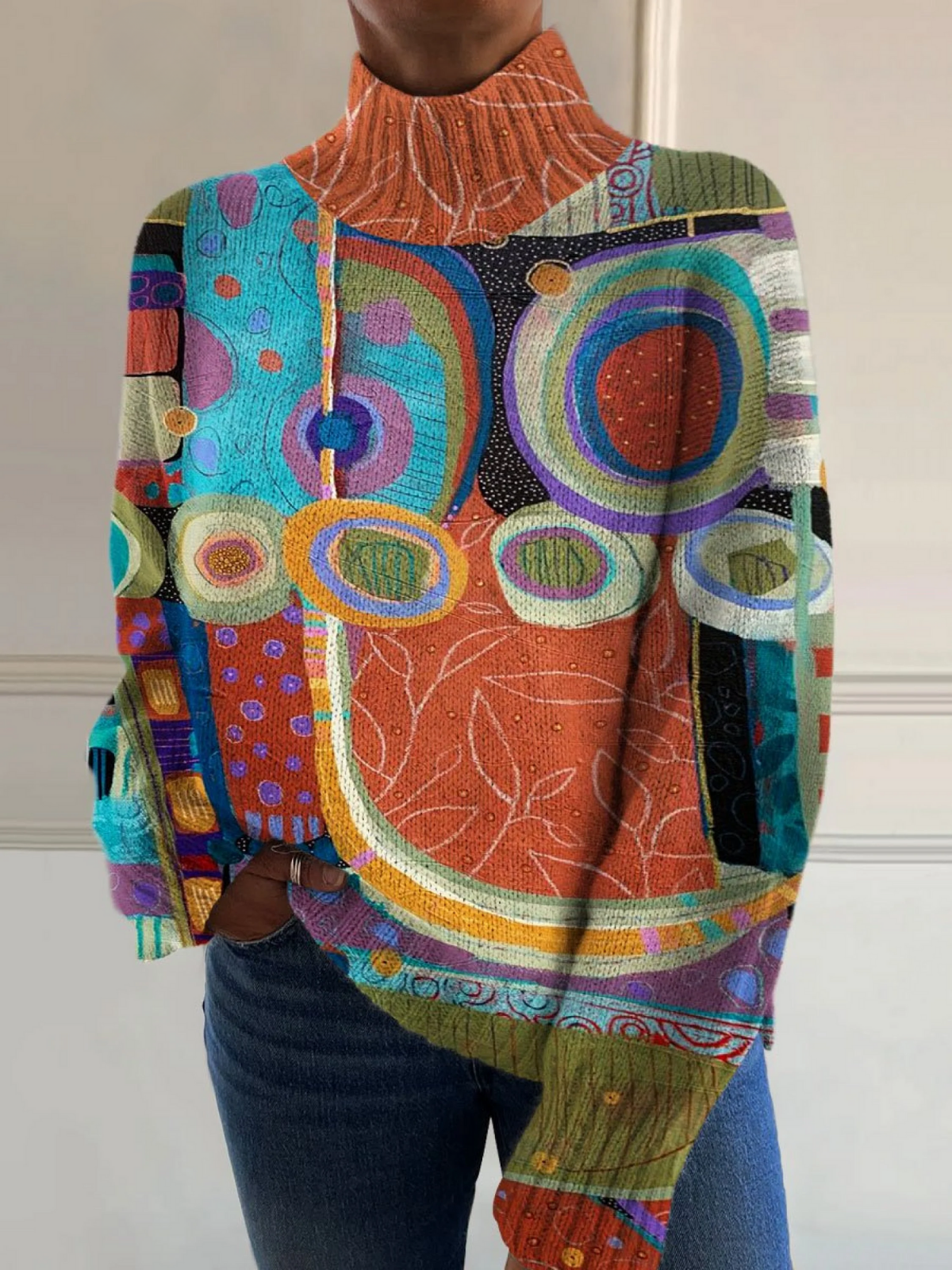 Bianca - Vintage Abstract Tropical Botanical Art Print Knit Turtleneck Pullover Sweater-15553139573109-Mirella Fiore