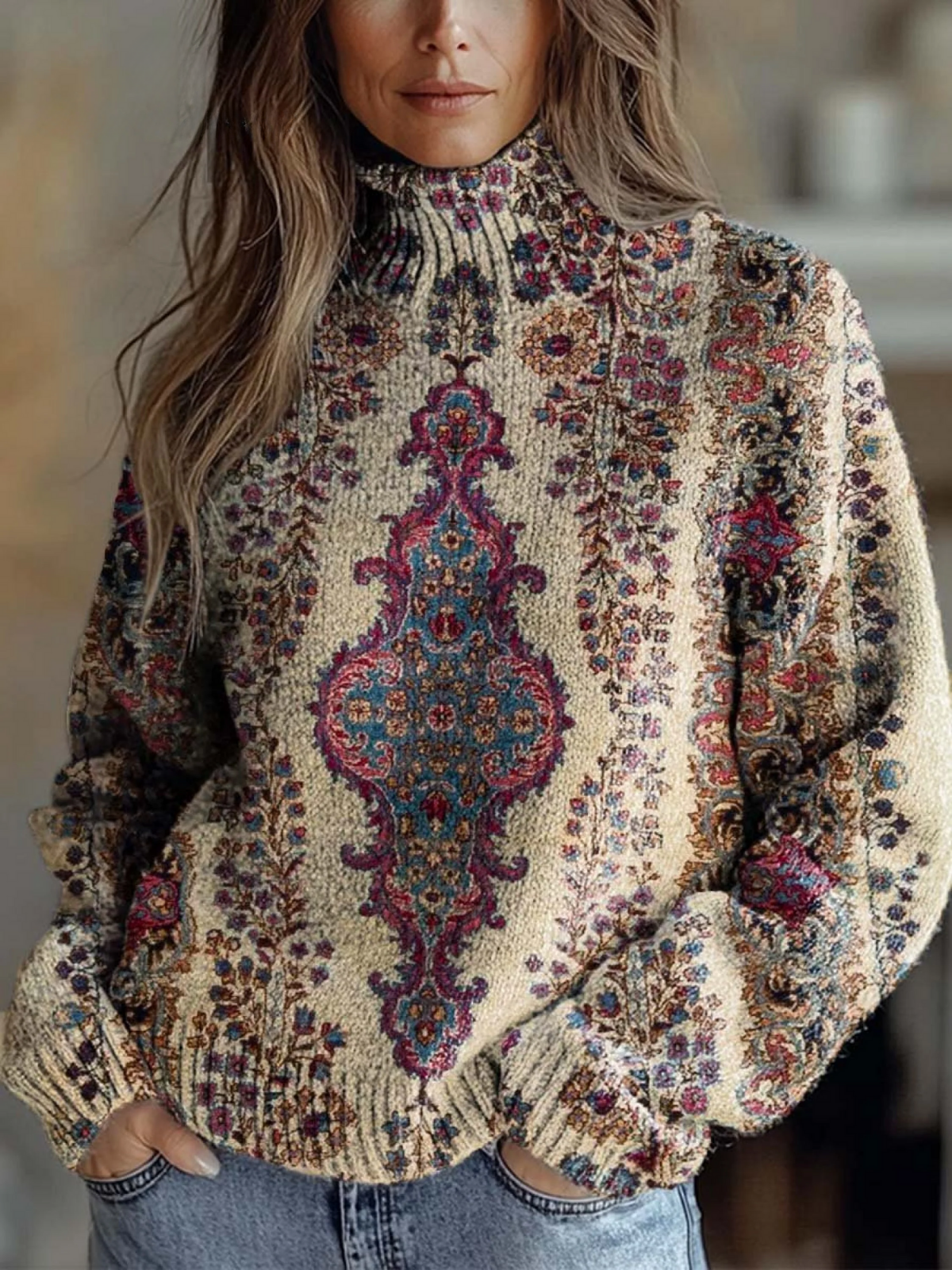 Blair - Women's Vintage Lovely Floral Art Print Knit Turtleneck Pullover Sweater-15553140425077-Mirella Fiore