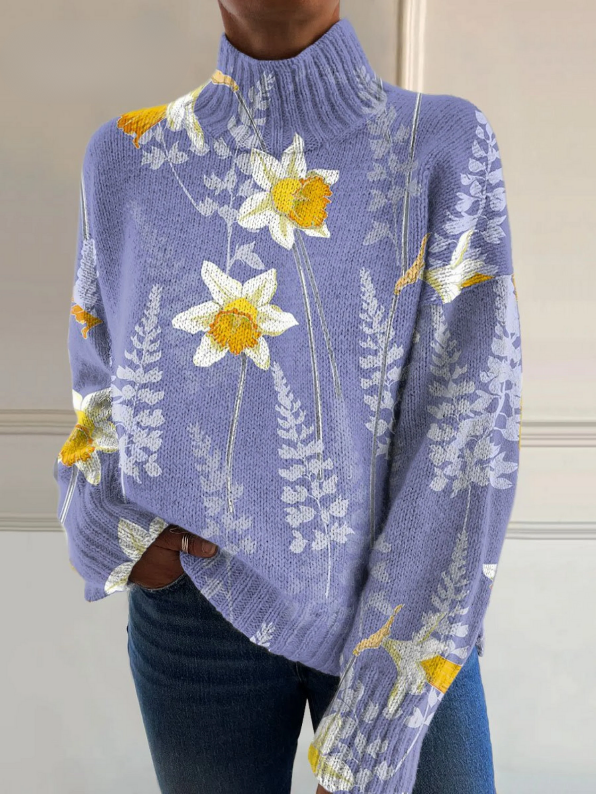 Calista - Pastel Floral Art Print Knit Turtleneck Pullover Sweater-15553139835253-Mirella Fiore