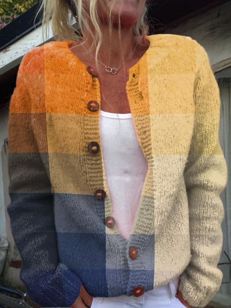 Carmela - Vintage Orange Blue Gradient Plaid Pattern Sunset Abstract Art Buttoned Cardigan Sweater-15530555867509-Mirella Fiore