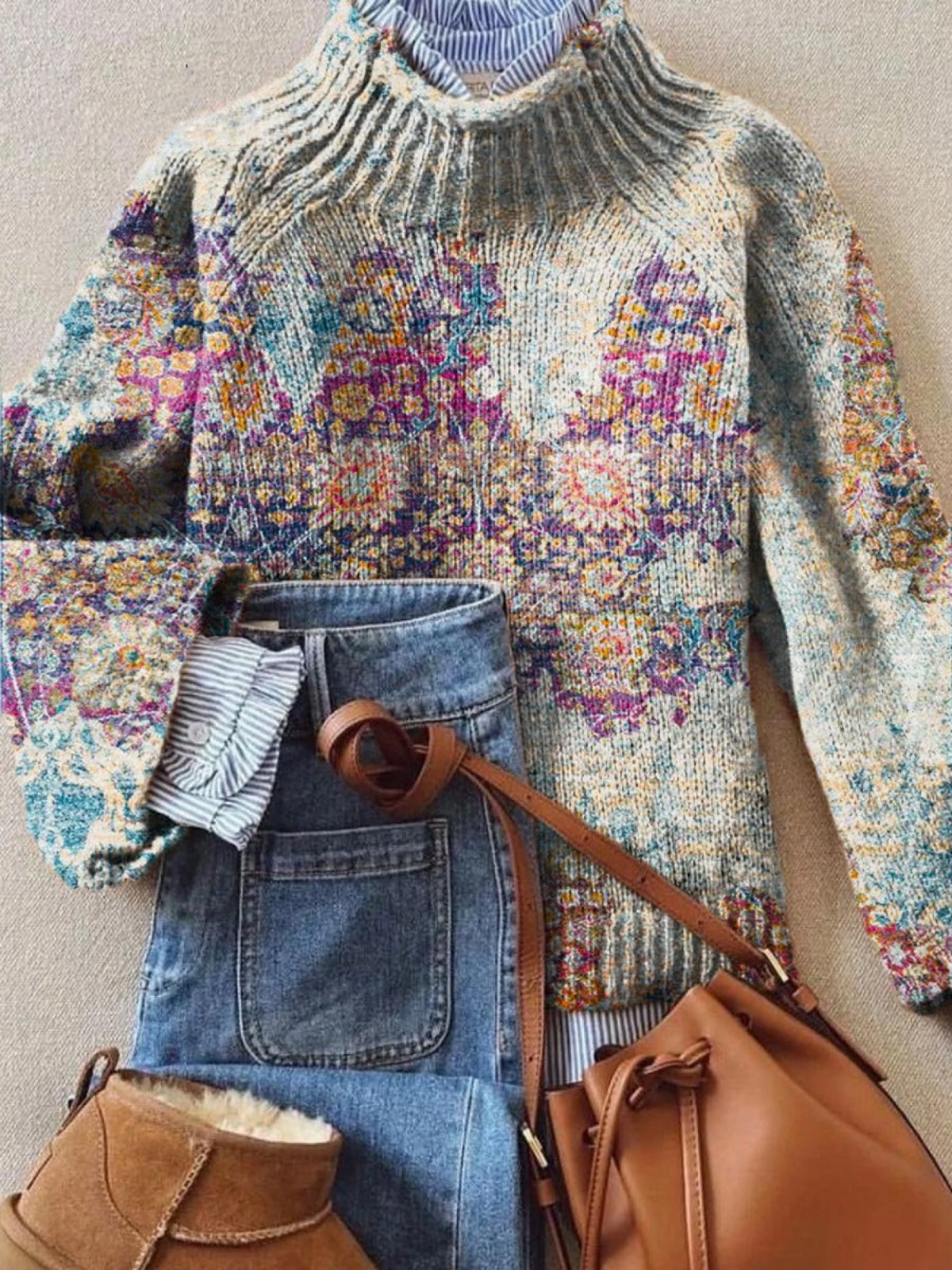 Celeste - Vintage Floral Art Print Knit Turtleneck Pullover Sweater-15553140556149-Mirella Fiore
