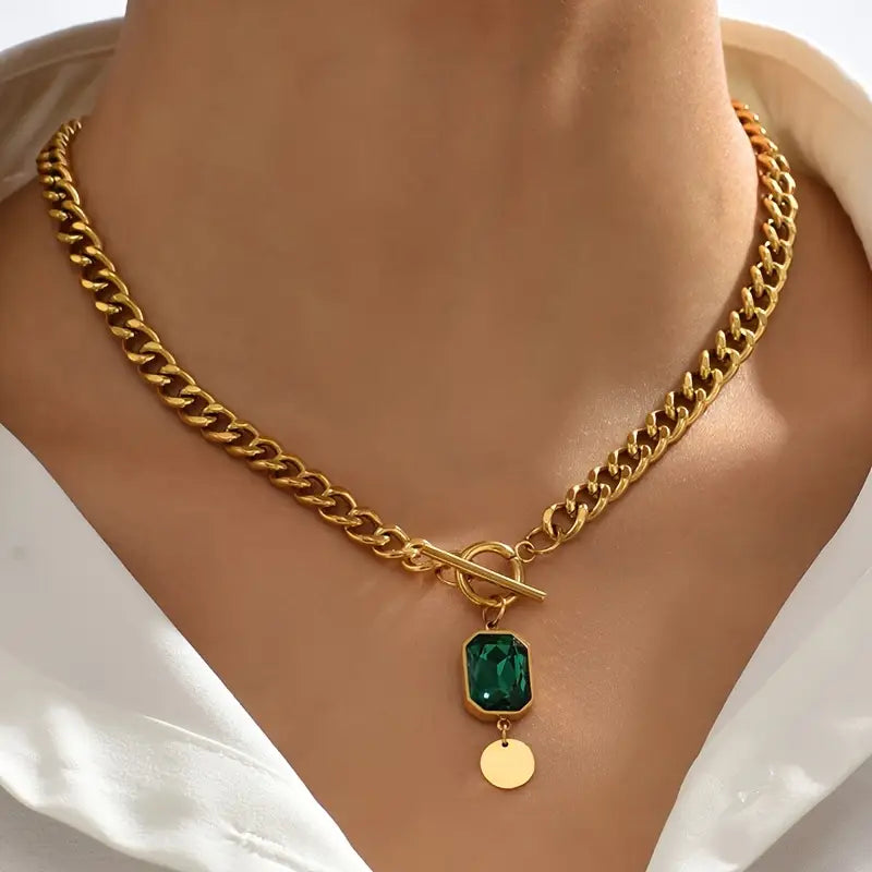 Chunky Chain Emerald Gold Pendant Necklace-15548285747573-Mirella Fiore