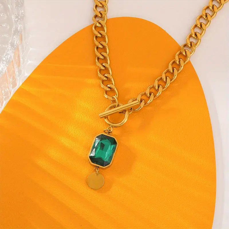Chunky Chain Emerald Gold Pendant Necklace-15548285747573-Mirella Fiore