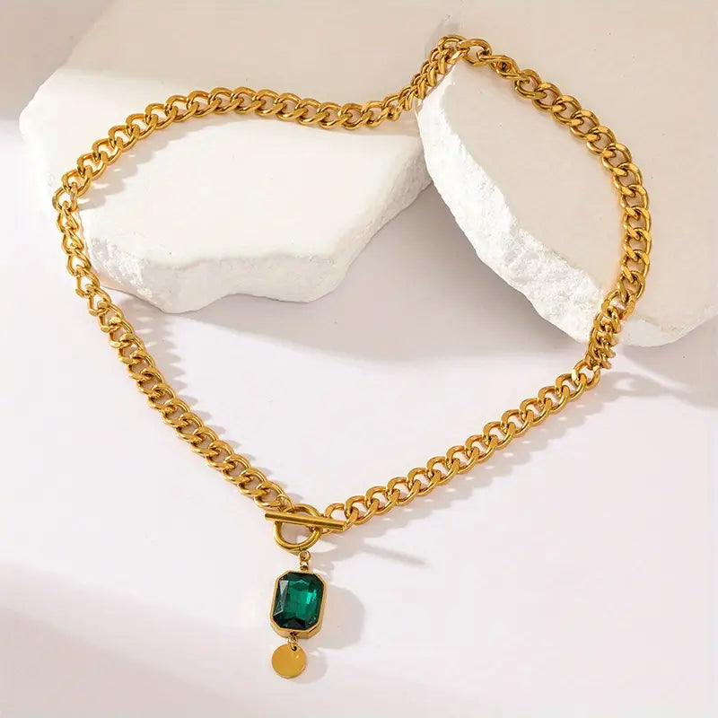 Chunky Chain Emerald Gold Pendant Necklace-15548285747573-Mirella Fiore