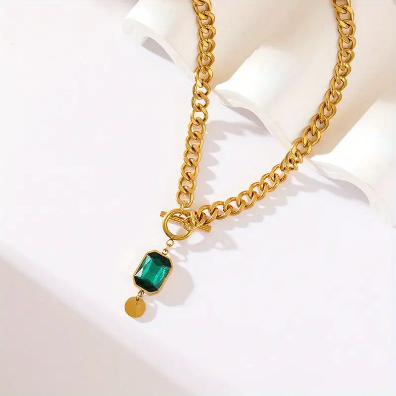 Chunky Chain Emerald Gold Pendant Necklace-15548285747573-Mirella Fiore