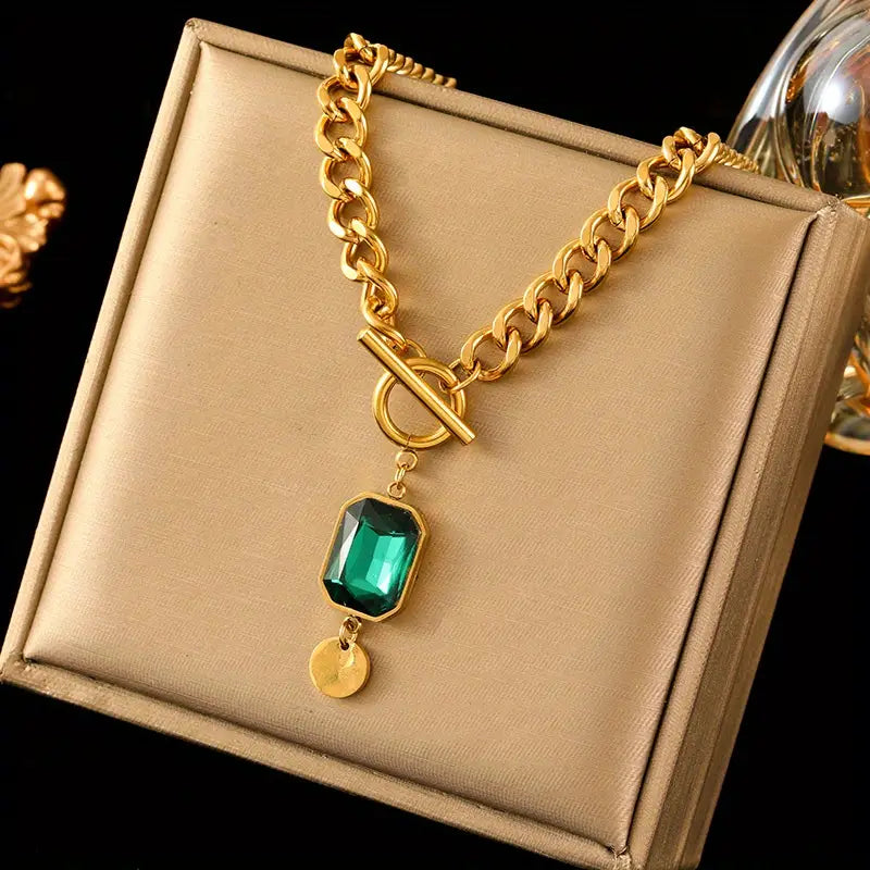 Chunky Chain Emerald Gold Pendant Necklace-15548285747573-Mirella Fiore
