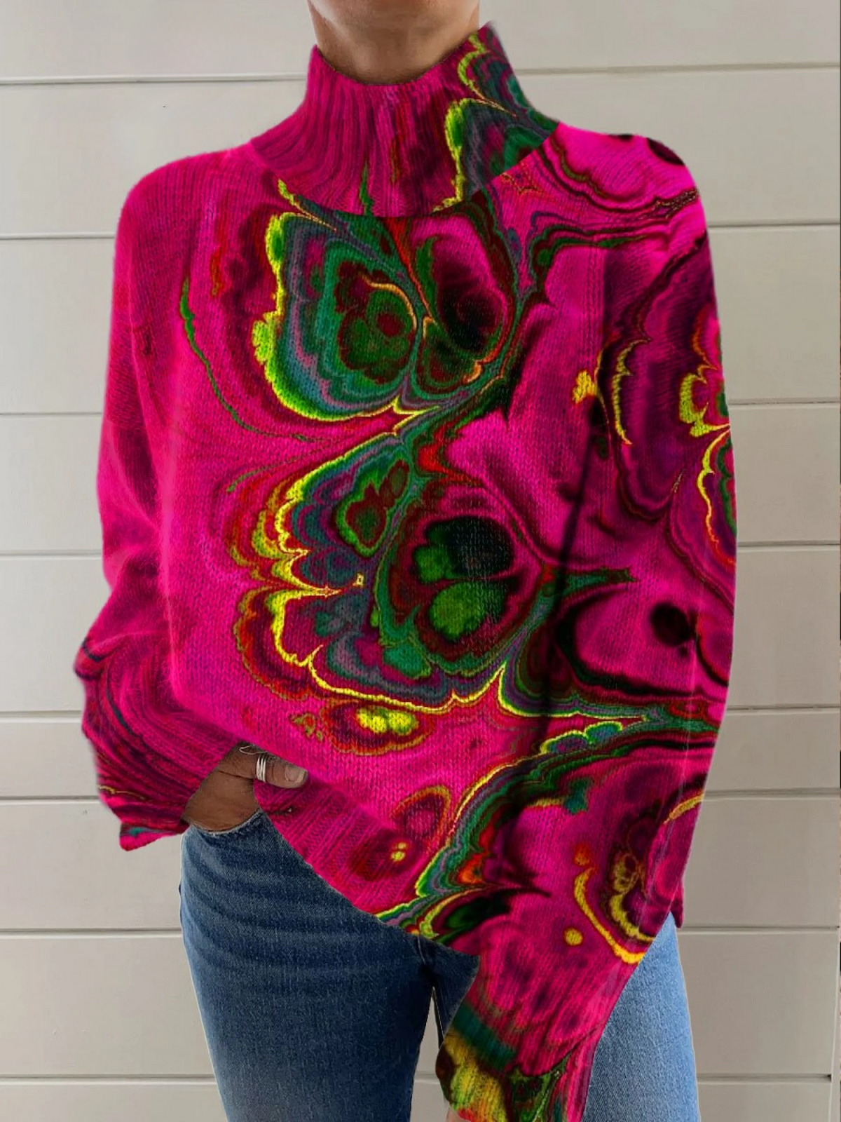 Cindy - Abstrct Art Print Knit Turtleneck Pullover Sweater-15553139605877-Mirella Fiore