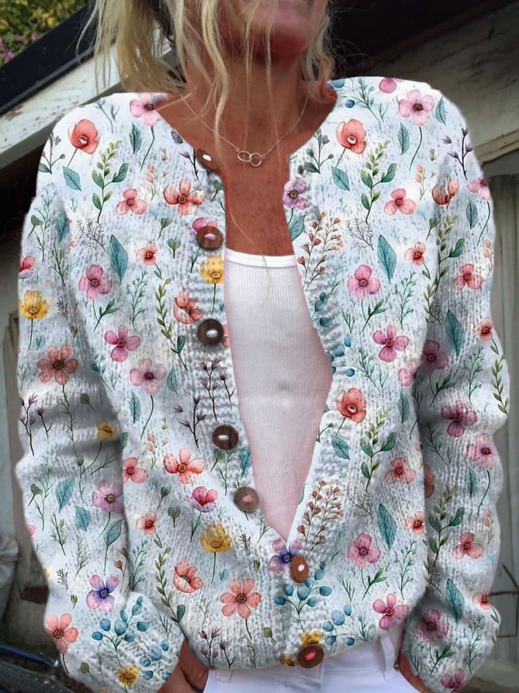Dahlia - Vintage Flower Art Print Buttoned Cardigan Sweater-15530556391797-Mirella Fiore