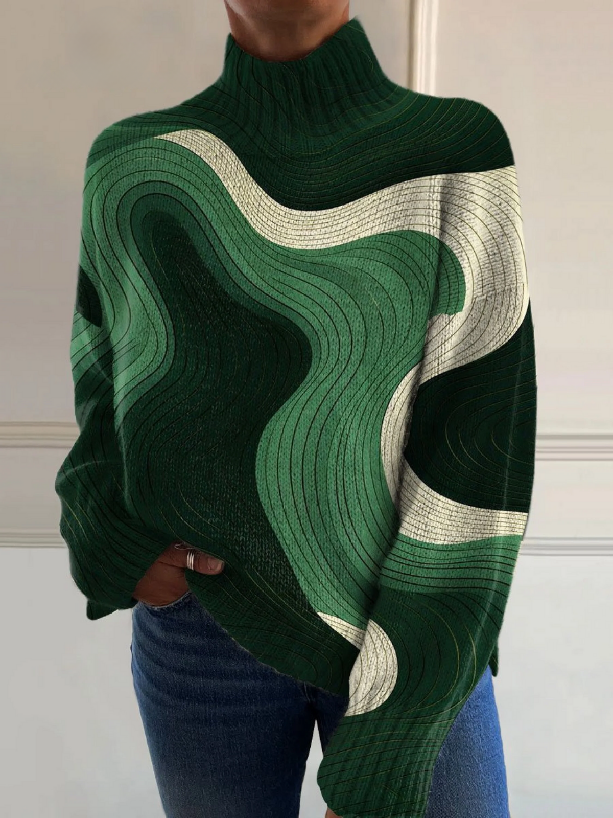 Daria - Vintage Green Color Block Wave Art Print Knit Turtleneck Pullover Sweater-15553139278197-Mirella Fiore