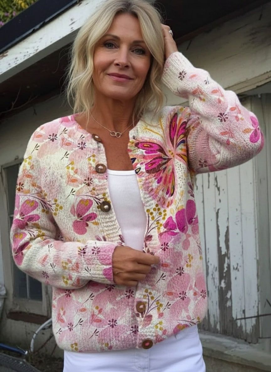Darlina - Lovely Butterfly Floral Art Print Buttoned Cardigan Sweater-15530556064117-Mirella Fiore