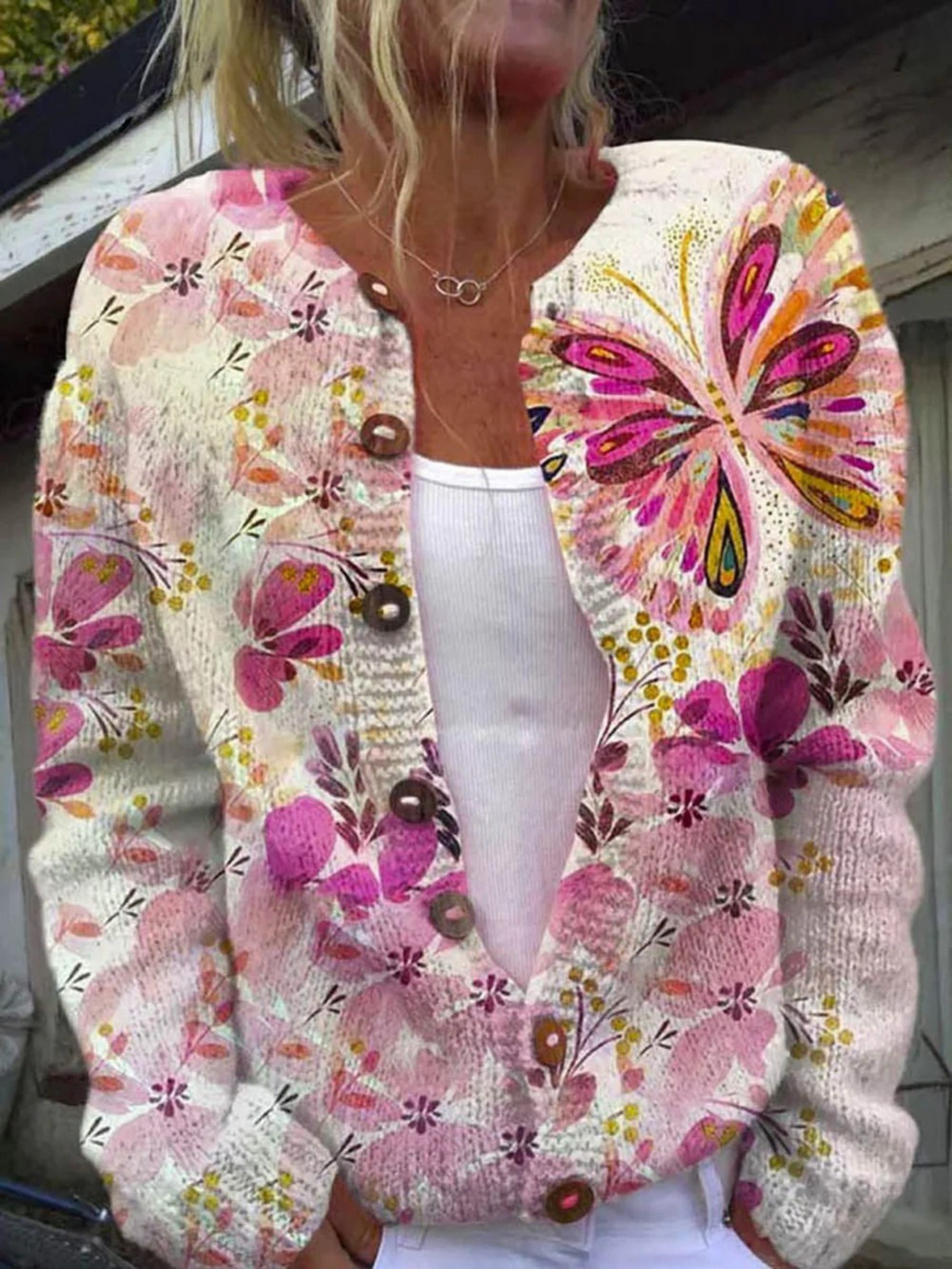 Darlina - Lovely Butterfly Floral Art Print Buttoned Cardigan Sweater-15530556064117-Nancy & Mae Savannah