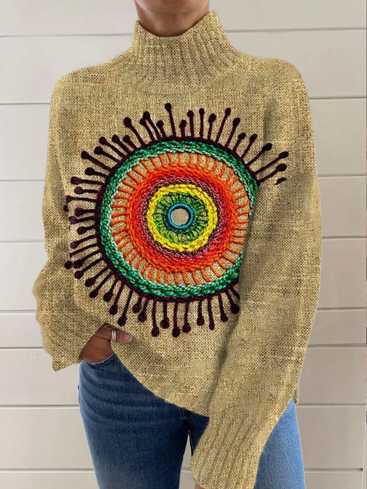 Darlina - Vintage Psychedelic Collage Sunflower Retro Hippie Art Pattern Art Print Knit Turtleneck Pullover Sweater-15553139966325-Nancy & Mae Savannah