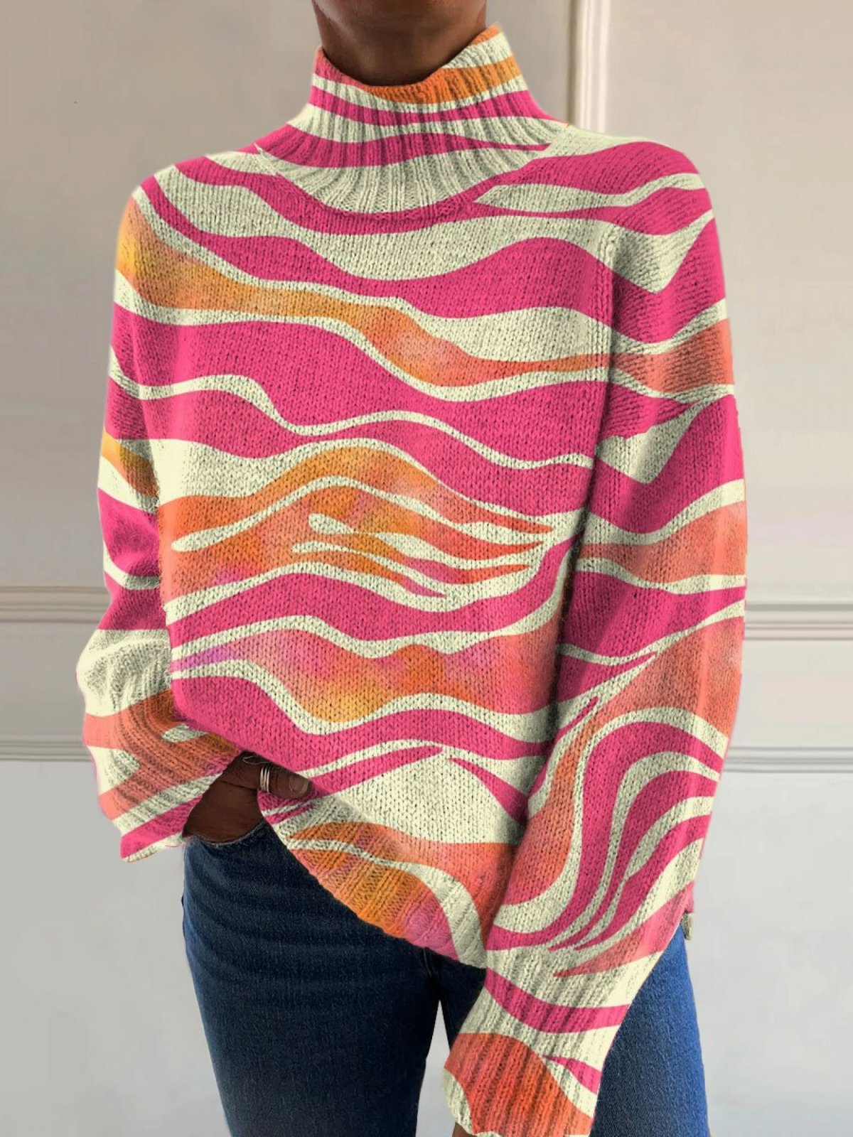 Delphine - Vintage Color Block Stripes Knit Turtleneck Pullover Sweater-15553140588917-Mirella Fiore