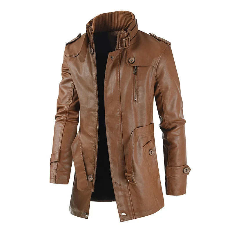 Elegant Long Leather Biker Jacket-15519105057141-Nancy & Mae Savannah