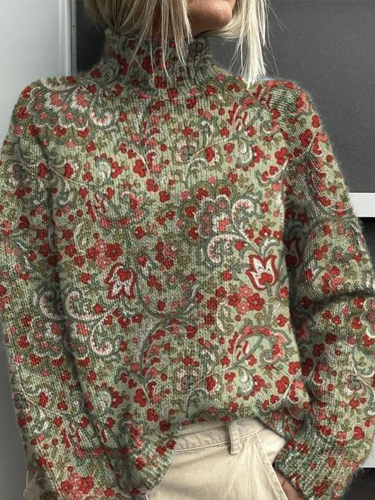 Elena - Retro Floral Print Knit Turtleneck Pullover Sweater-15553140294005-Mirella Fiore