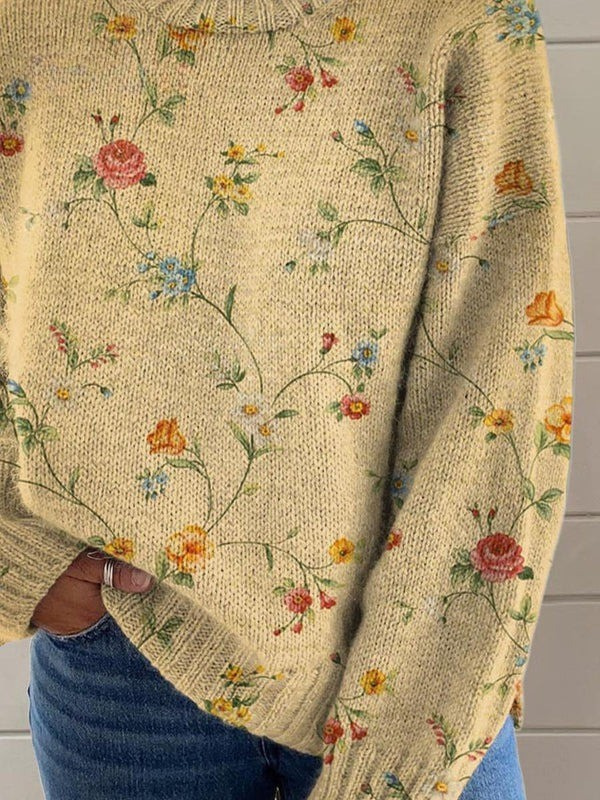 Elowen - Women's Lovely Floral Art Print Knit Turtleneck Pullover Sweater-15553139900789-Mirella Fiore