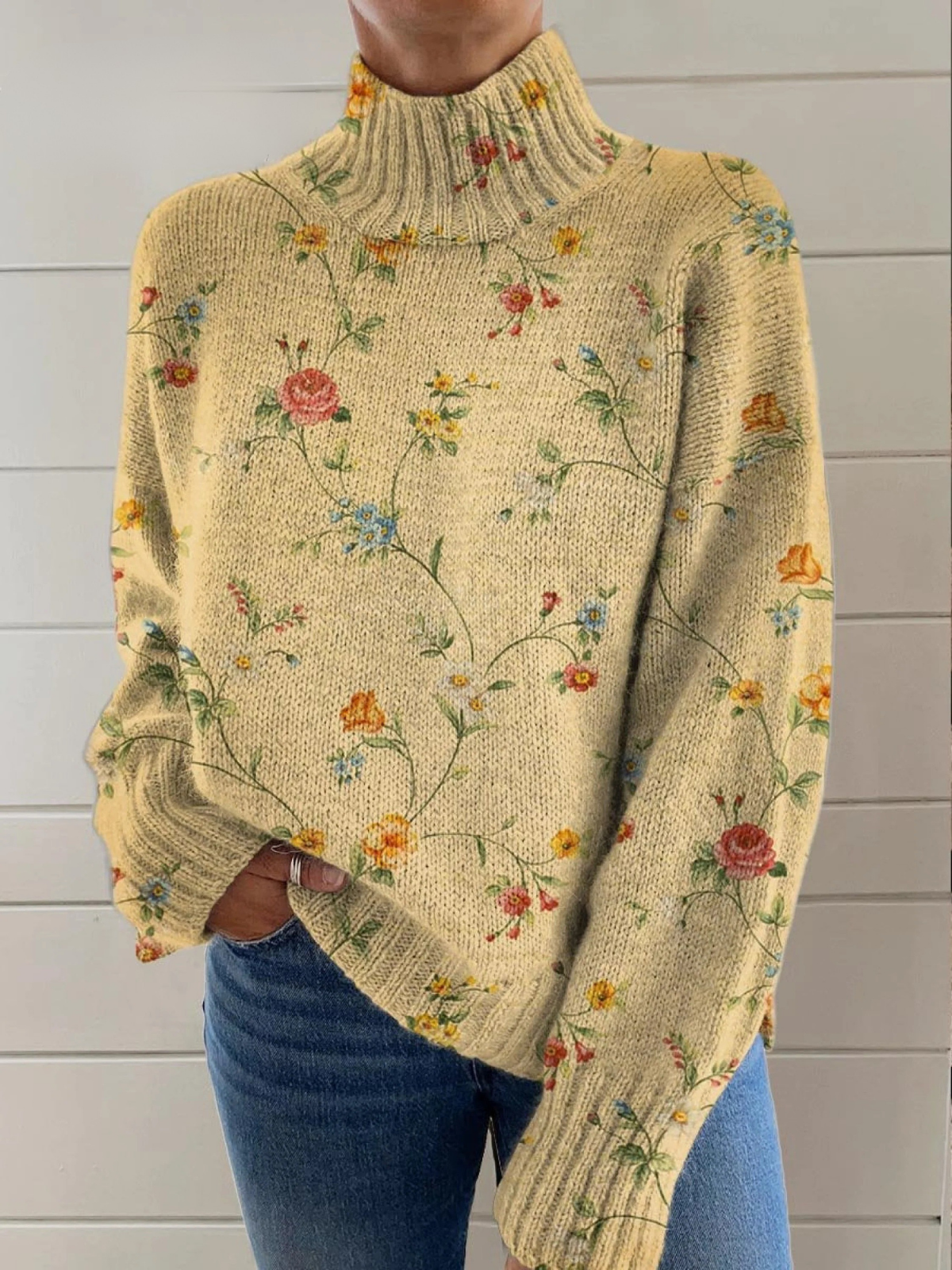 Elowen - Women's Lovely Floral Art Print Knit Turtleneck Pullover Sweater-15553139900789-Mirella Fiore
