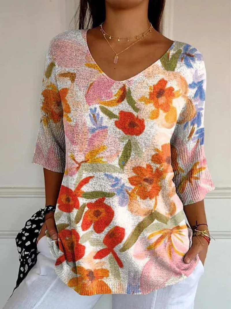 Eulene - Women's Vintage Art Floral Casual Pullover Knit-15544857166197-Mirella Fiore