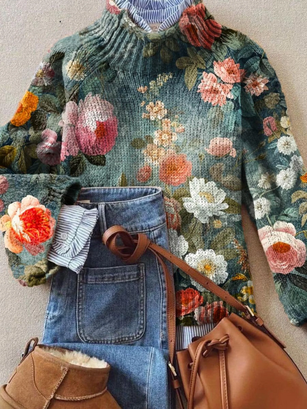 Evangeline - Vintage Floral Art Print Knit Turtleneck Pullover Sweater-15553139736949-Mirella Fiore