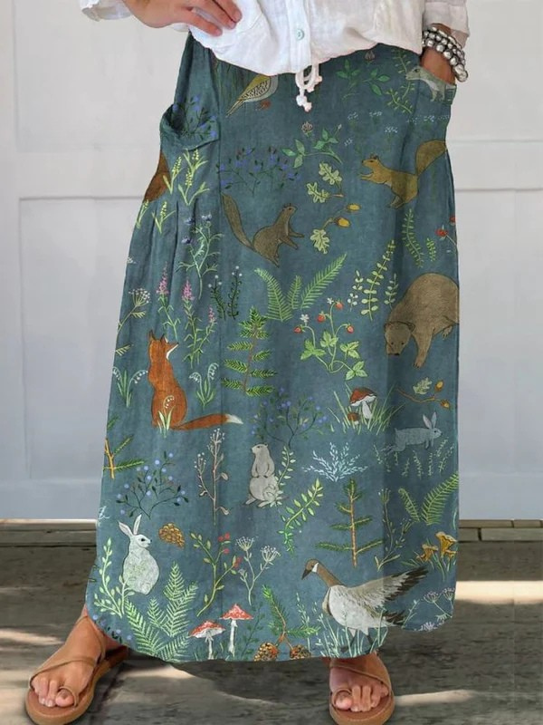 Evelyn - Women's Retro Floral Animals Art Casual Linen Pocket Skirt-15563732058485-Nancy & Mae Savannah