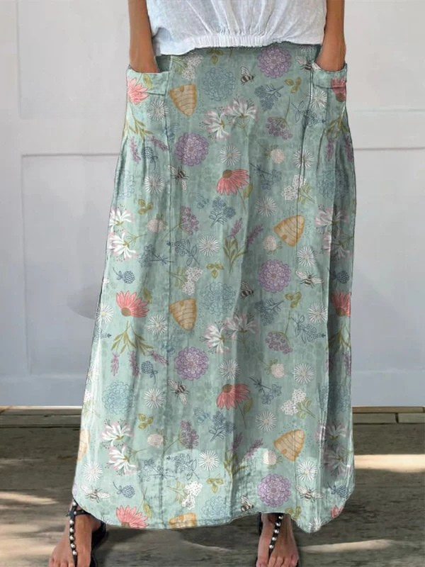 Felicia - Blooming Spring Floral And Bumble Bee Pattern Printed Women's Linen Pocket Skirt-15563732025717-Nancy & Mae Savannah