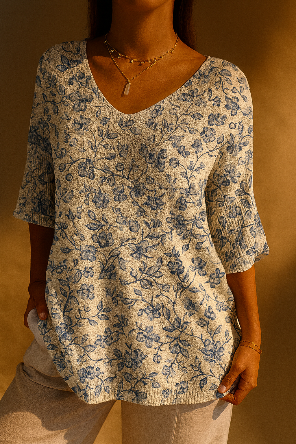Fiona - Women's Small Blue Flowers Print Casual Pullover Knit-15544857067893-Mirella Fiore