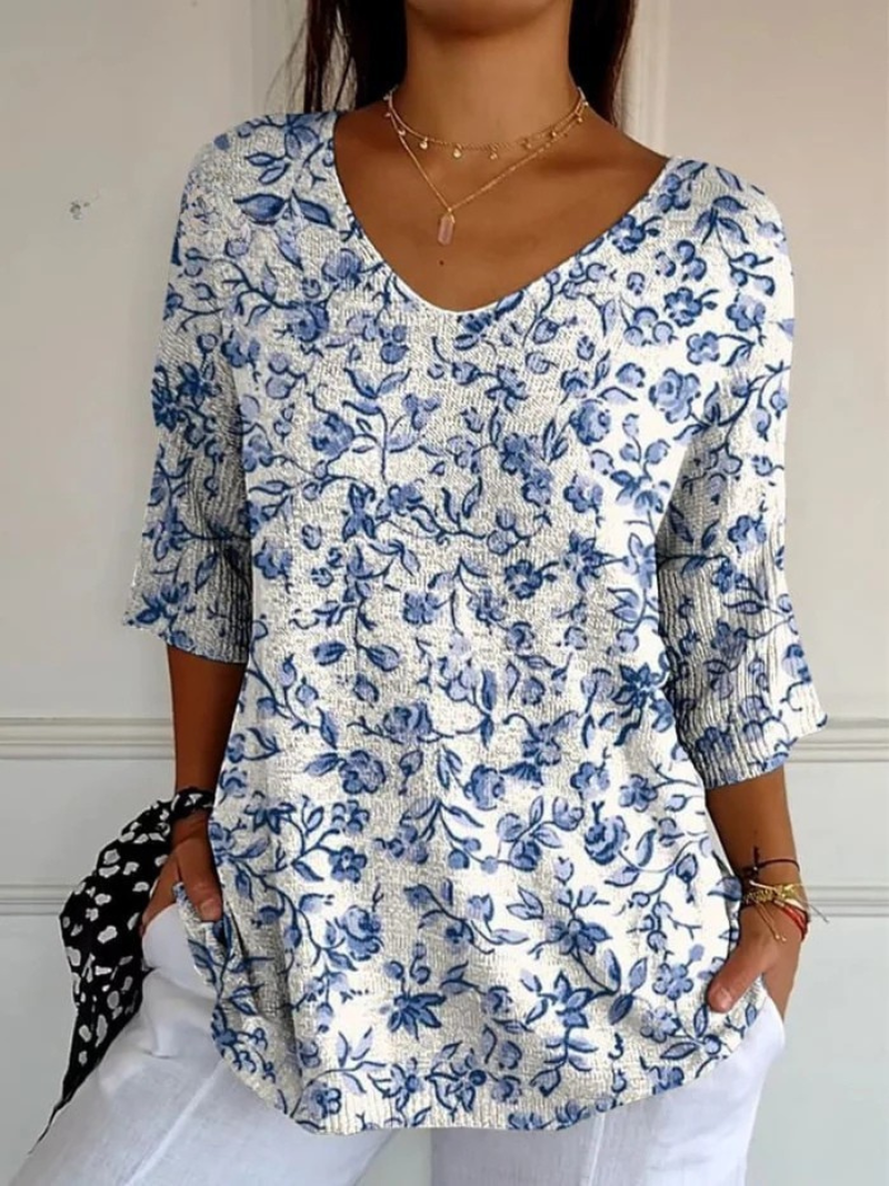Fiona - Women's Small Blue Flowers Print Casual Pullover Knit-15544857067893-Mirella Fiore