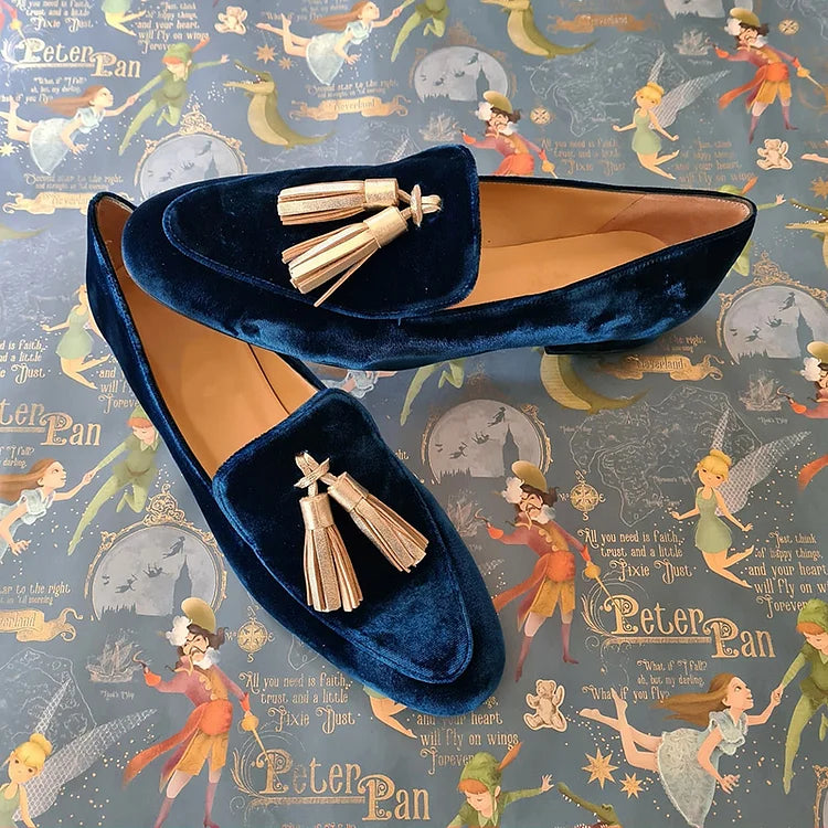 GINEVRA - MIDNIGHT ELEGANCE LOAFERS WITH CHAMPAGNE TASSELS-15553868792181-Nancy & Mae Savannah