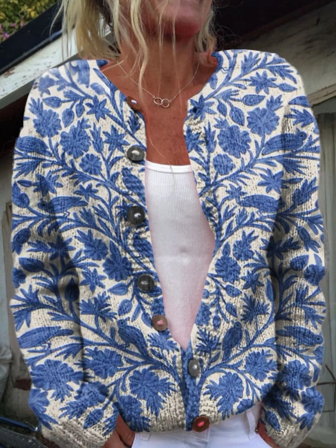 Gabriela - Lovely Meadows Floral Pattern Printed Buttoned Cardigan Sweater-15530556227957-Mirella Fiore