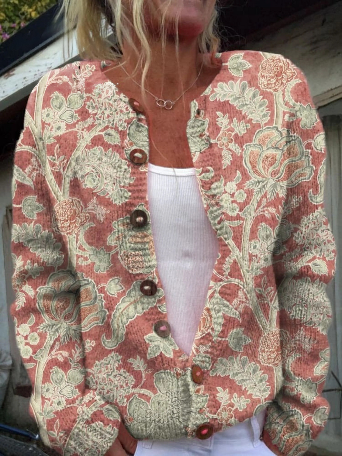Gabriela - Lovely Meadows Floral Pattern Printed Buttoned Cardigan Sweater-15530556227957-Mirella Fiore
